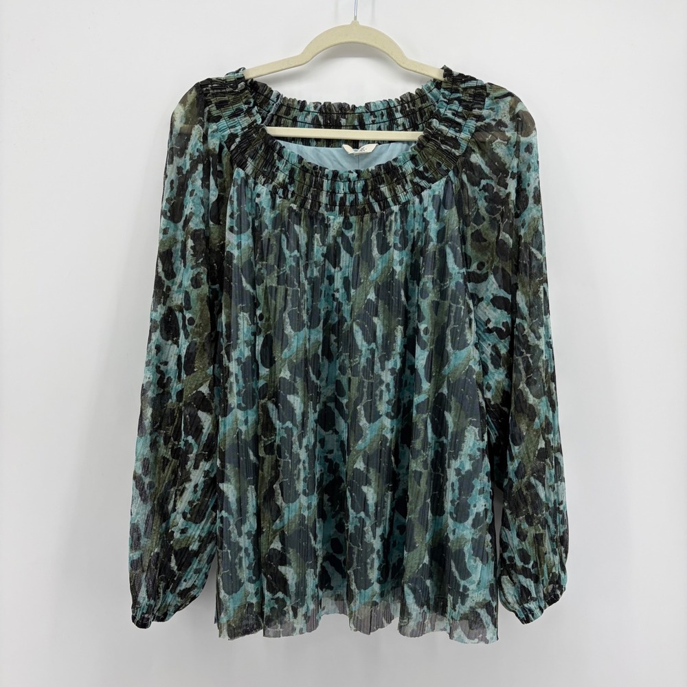 Terra & Sky Womens 2X Teal Green Abstract Animal Print Smocked Mesh Blouse